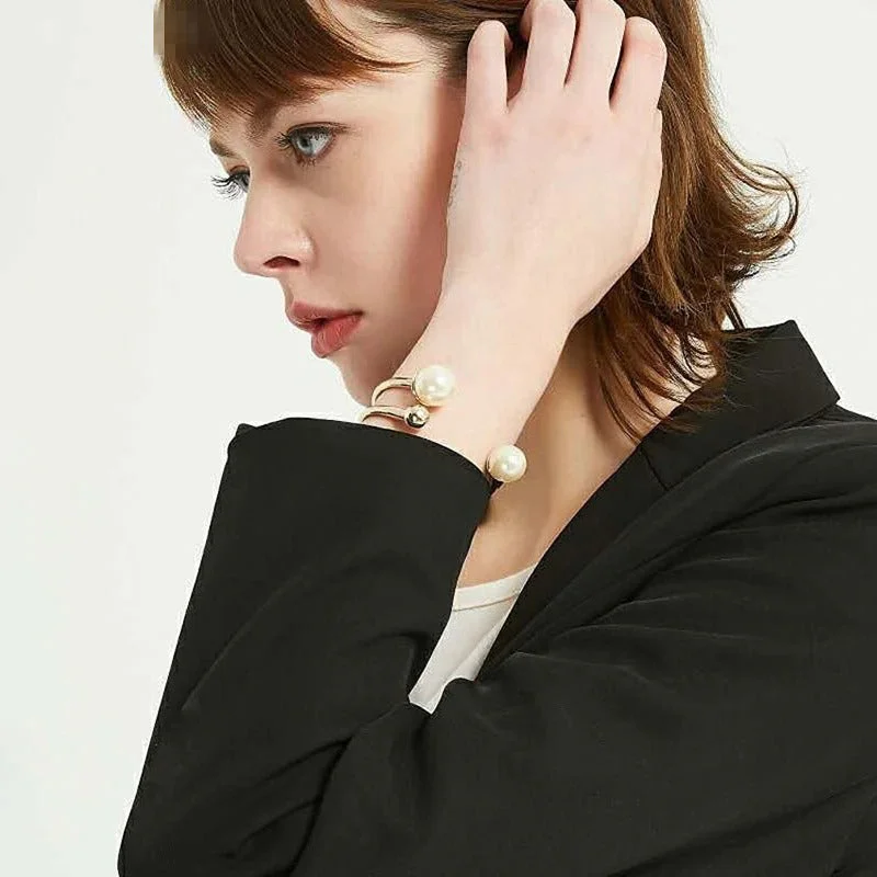 Geometric Posh Large Pearl Double Layer Hollow Out Bangle Bracelets