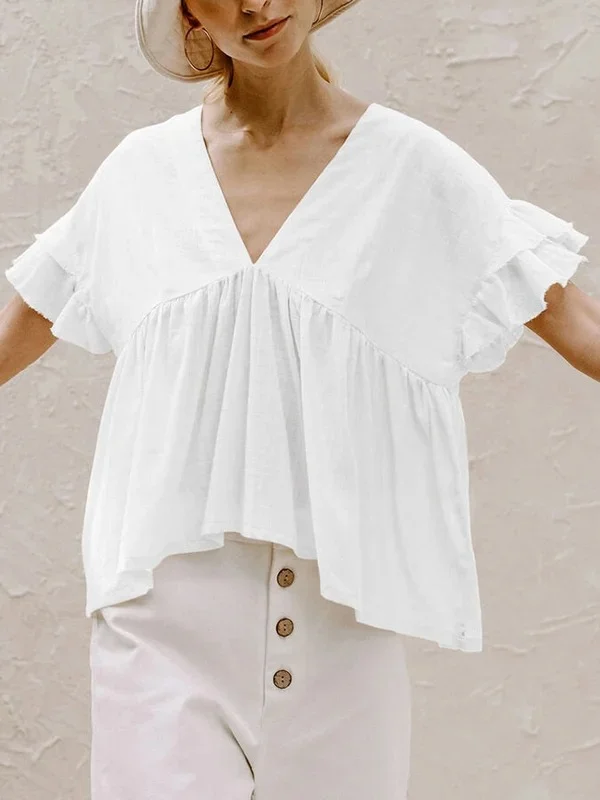 Cotton Linen V-Neck Ruffled Casual Shirt