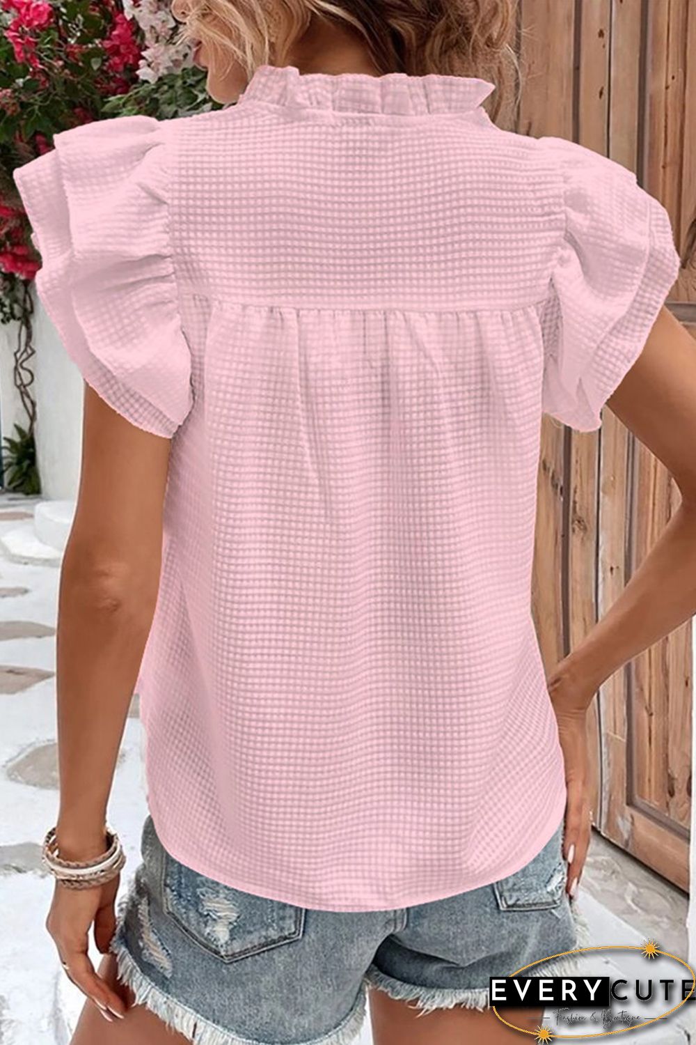Pink Ruffle Accent Flutter Sleeve Notch Neck Top