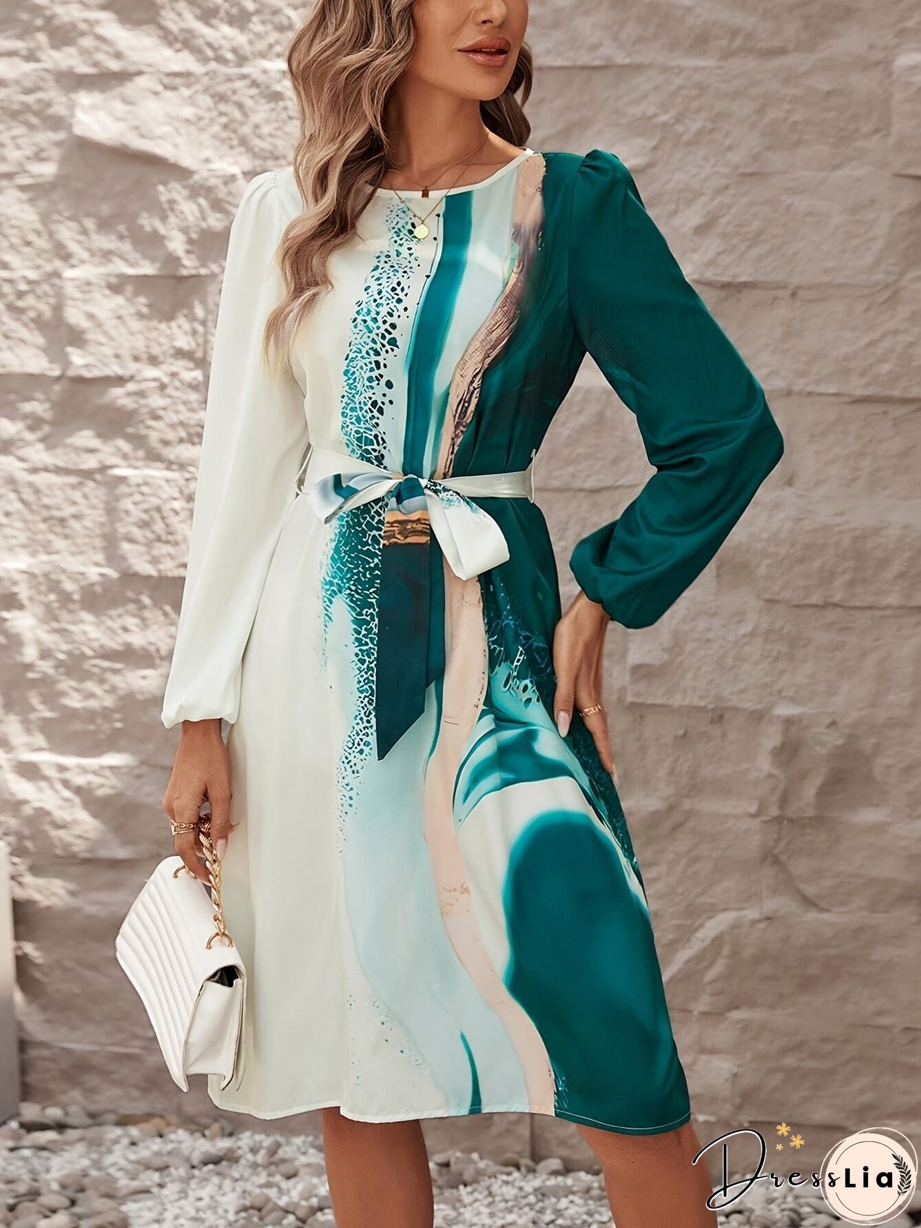 Color Block Belted Dress, Elegant Long Sleeve Dress For Spring & Fall, Women's Clothing