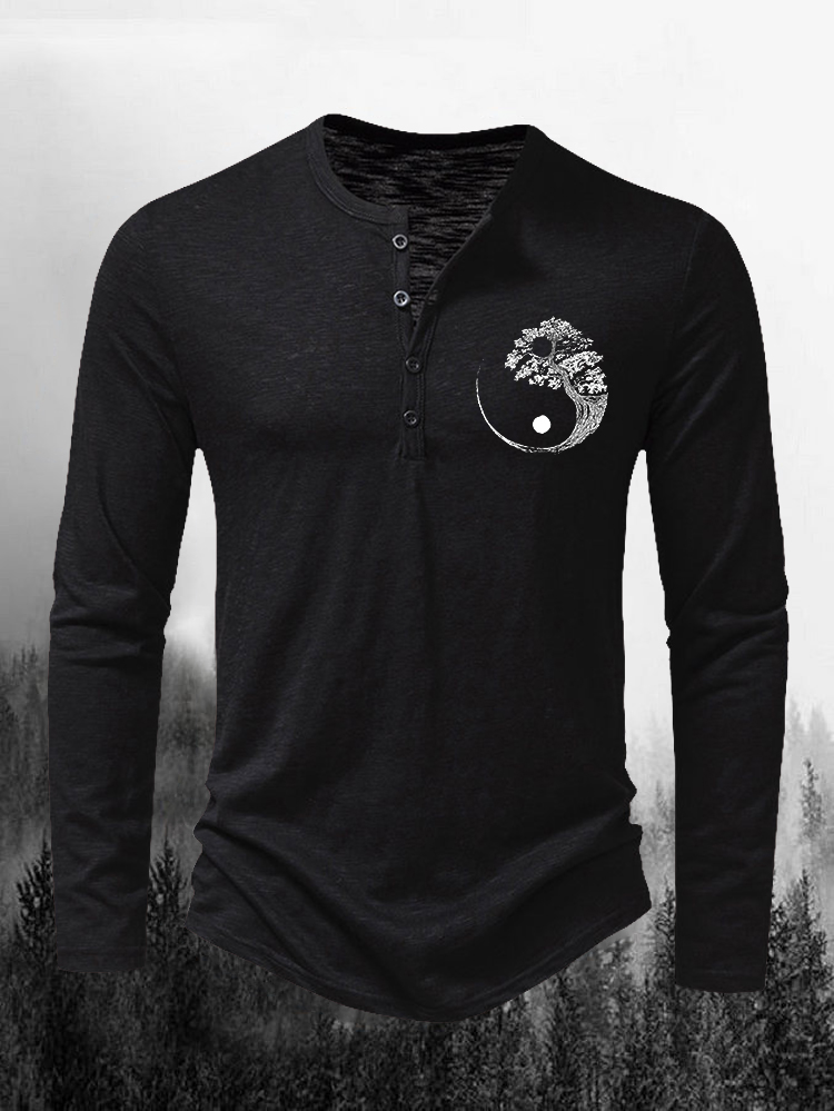 Men's Yin Yang Tree Mark Classic Slub Cotton Henry Collar Long Sleeve Shirt