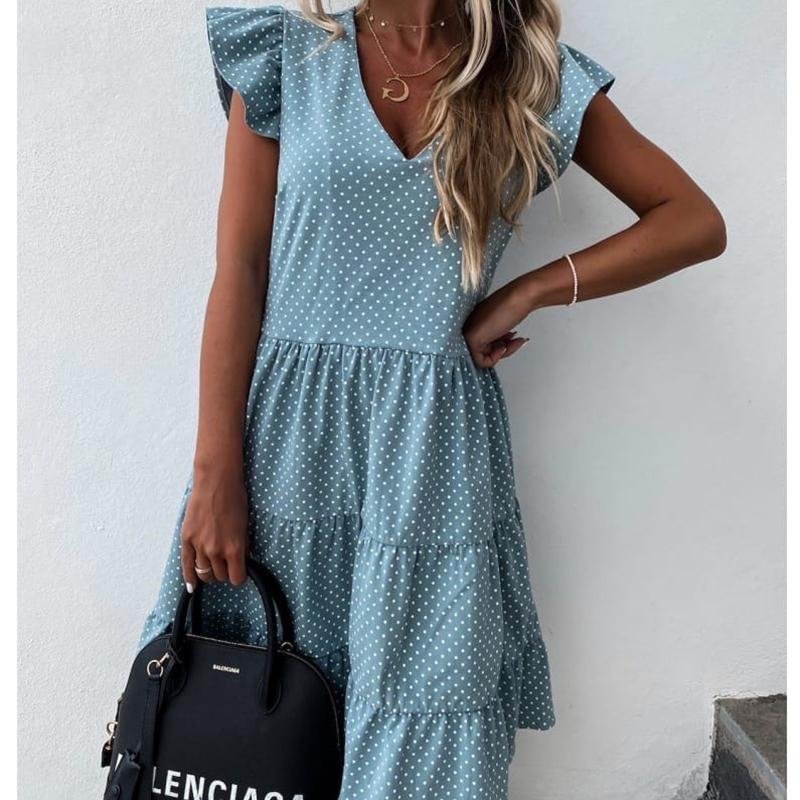 2022 Women New Summer Sundress Casual Ruffles Sleeves V-neck Dot Boho Party Vestidos Elegant Mini Dresses Fashion Vestidos
