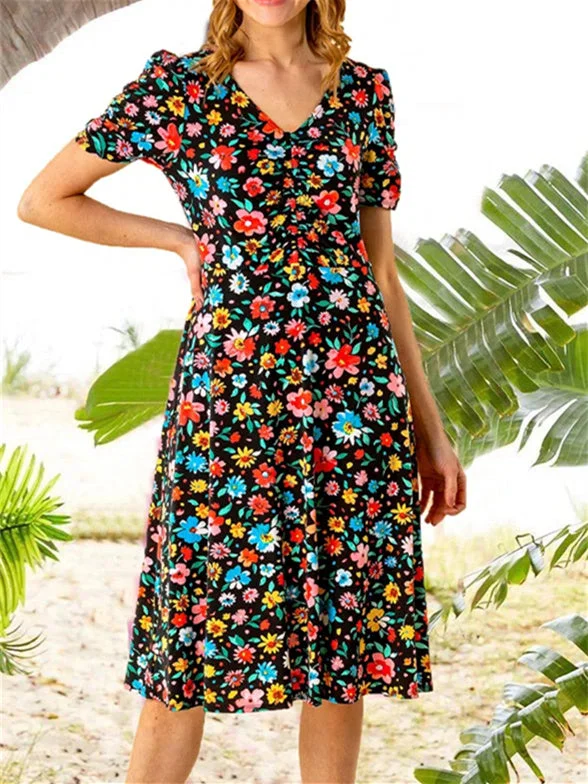 Women Short Sleeve V-neck Floral Printed Dress