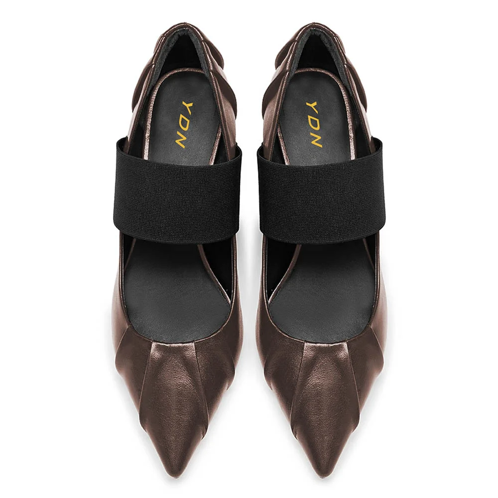 Brown Pleated Pointed Toe Elastic Band Kitten Heel Pumps for Women