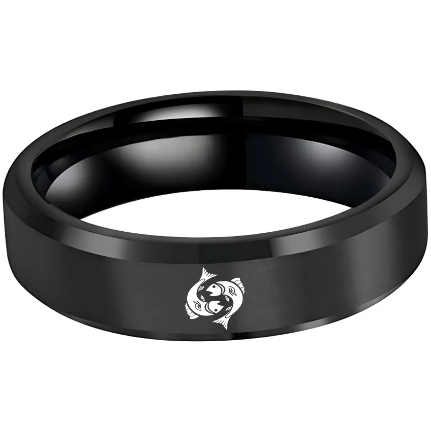 Mens Womens Black Pisces Tungsten Carbide Bands Black Edges and Laser Etched Wedding Rings Comfort Fit 4MM 6MM 8MM Width