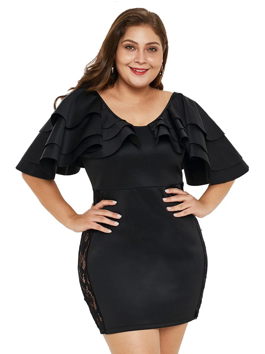 Plus Size Ruffled Design Solid Color Slim Mini Dress