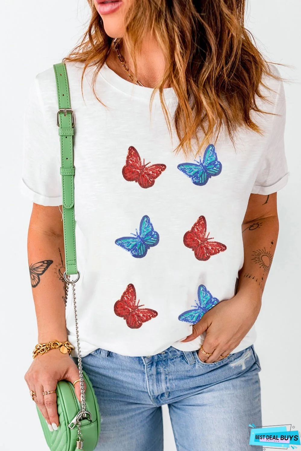 Sequin Butterfly Round Neck Short Sleeve T-Shirt