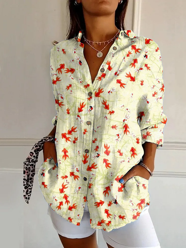 Classic Goldfish Print Casual Long Sleeve Shirt
