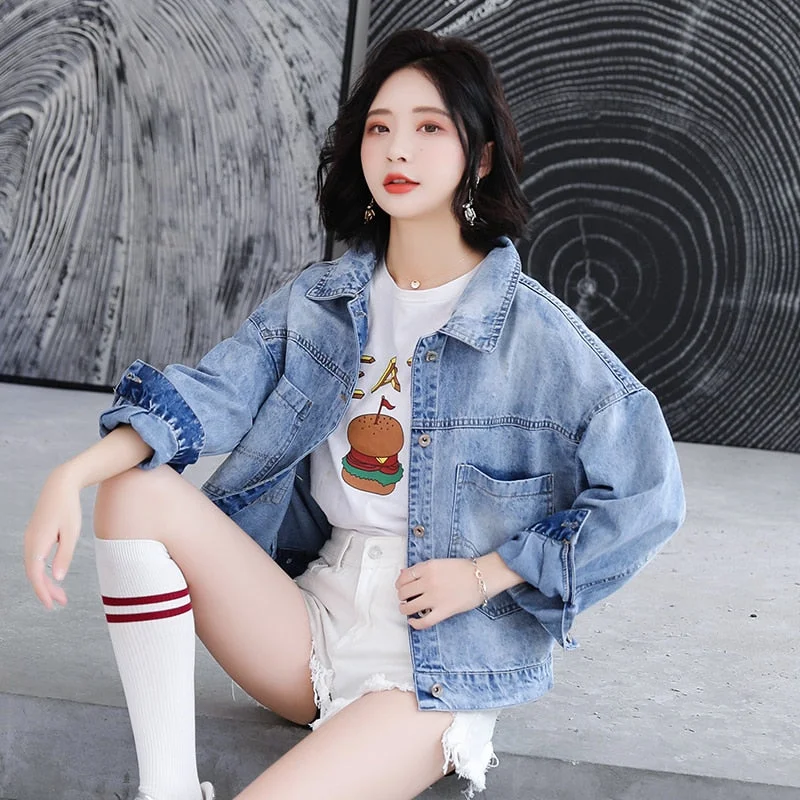 Women Denim Jacket Coat Autumn 2019 New Long Sleeves Jeans Jackets Print Tops Casaco Feminino Single Breasted Casual Coat