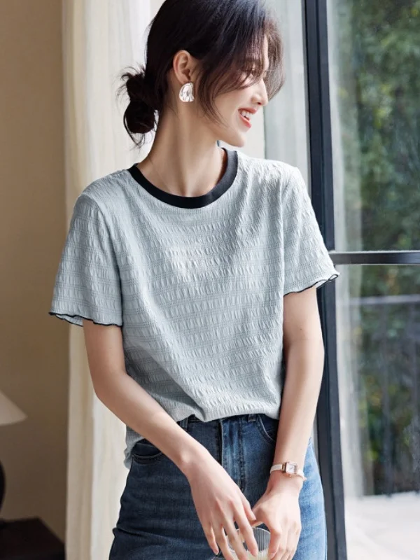 Athvotar Athvotar Collage Texture Of Wood Ear By The Short-Sleeved T-Shirt Women's Summer Splicing Color Design Design Slim Slim Top