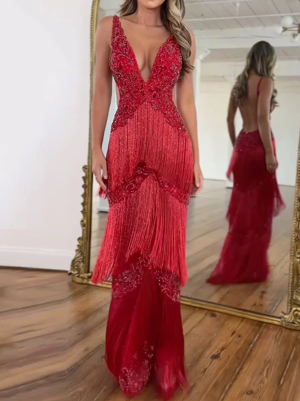 Sequinned Beaded tassled Sleeveless Spaghetti-Neck Evening mermaid Maxi Dresses