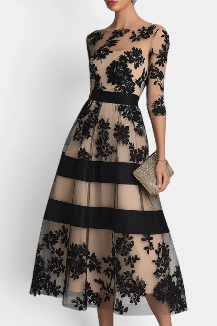 Floral Embroidered Tulle Midi Dress with Belted Waist