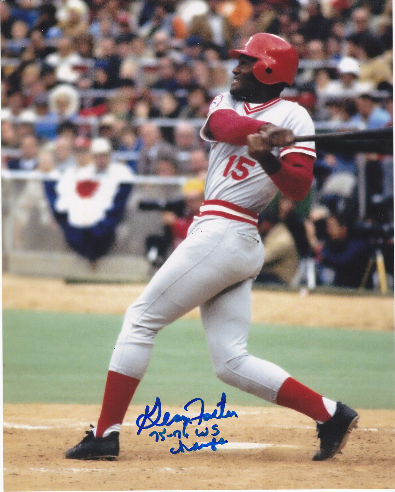 GEORGE FOSTER CINCINNATI REDS 75-76 WS CHAMPS ACTION SIGNED 8x10