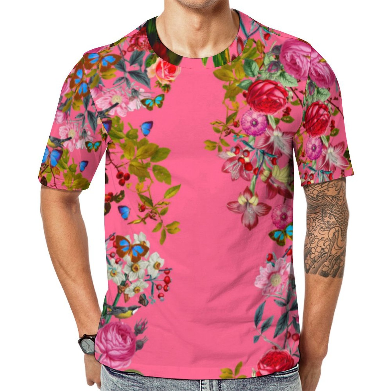 Bright Pink Vintage Rose Garden Short Sleeve Print Unisex Tshirt Summer Casual Tees for Men and Women Coolcoshirts