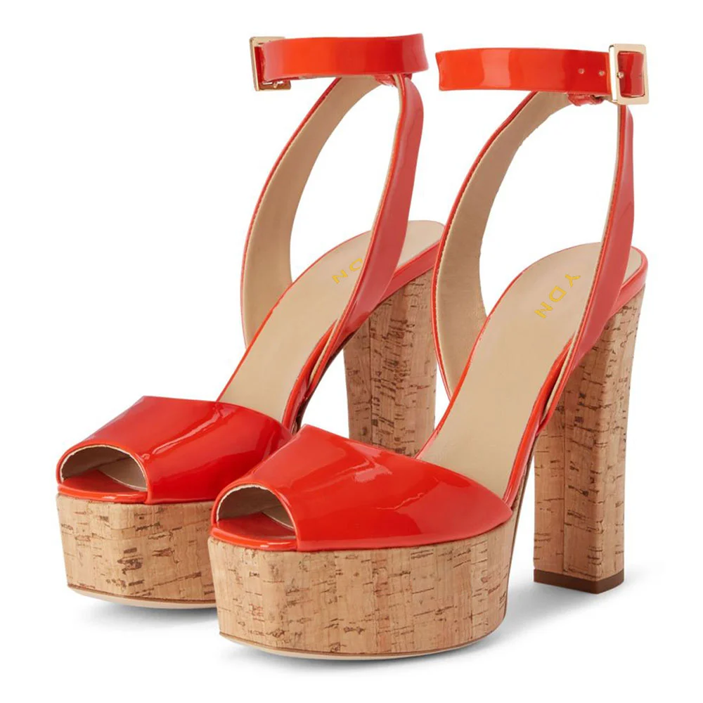 Red Patent Platform Peep Toe Chunky Heel Ankle Strap Summer Sandals