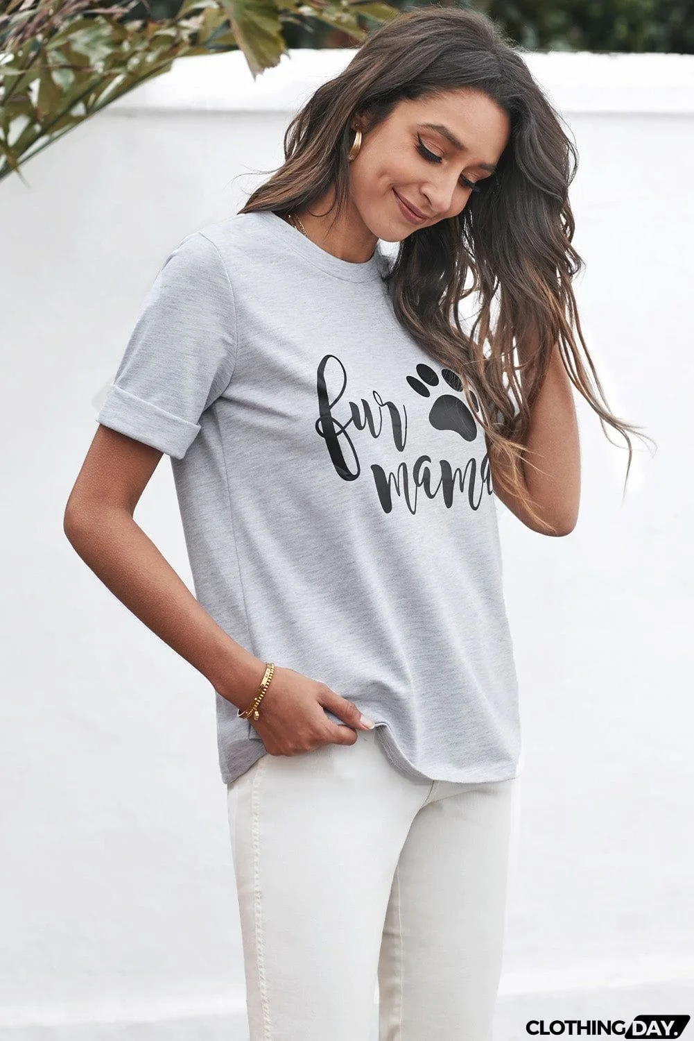 Cute Women Crew Neck Rolled Sleeve Letter Print Tee