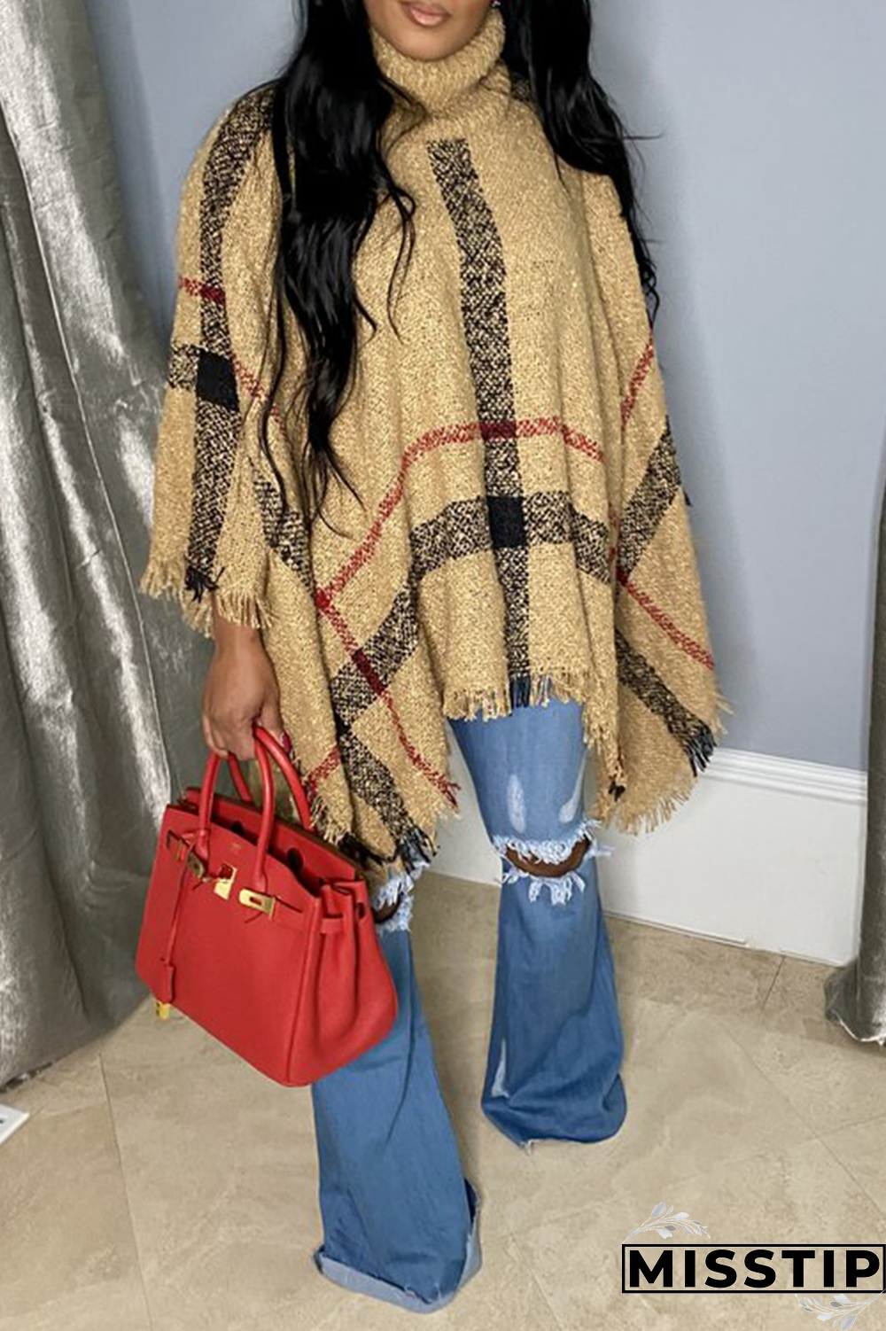 Black Casual Patchwork Tassel Turtleneck Tops
