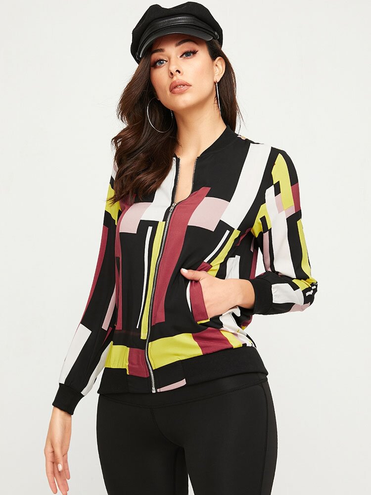 Geo Print Zip Front Pocket Long Sleeve Stand Collar Jacket - Shop Trendy Women's Fashion | TeeYours