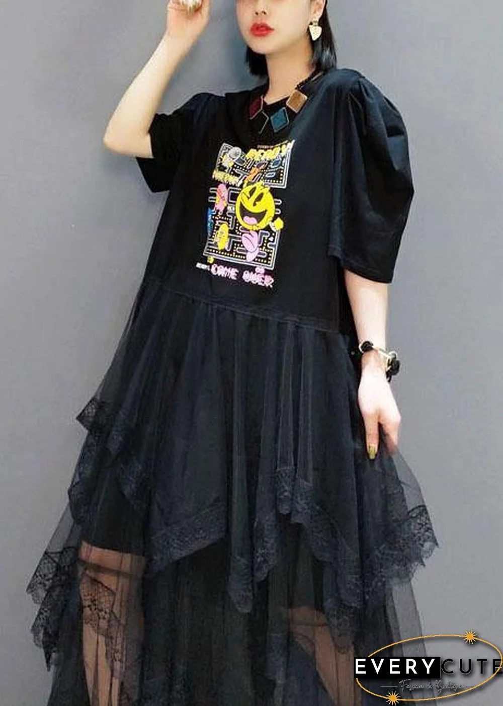 Plus Size Black O-Neck Print Half Sleeve Fall Dresses