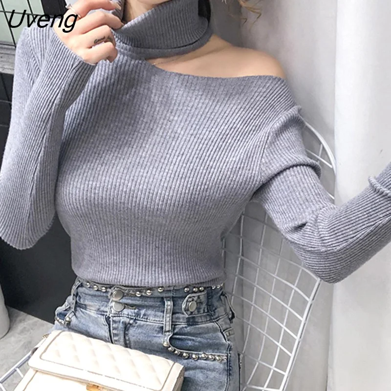 Uveng Off Shoulder Pullovers for Women Long Sleeve Turtleneck Knitted Sweater Female Jumper Clothing Korean Jumper Pull Femme