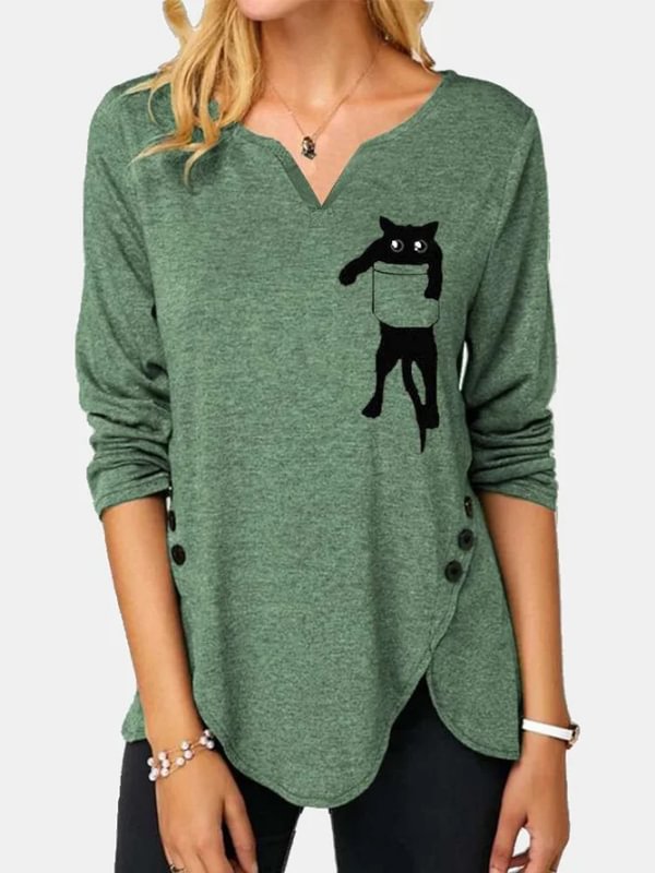 Comstylish Black Cat Printed V-Neck Buttons Deco Long-Sleeve