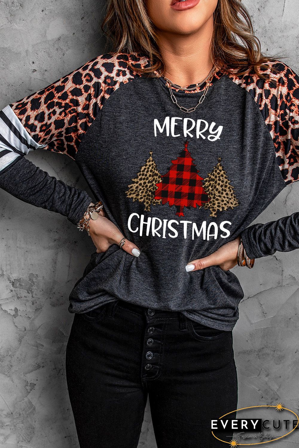 MERRY CHRISTMAS Leopard Plaid Trees Raglan Top