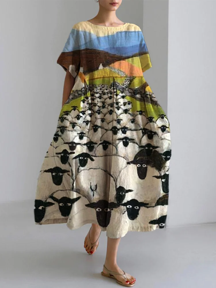 Women's Farm Sheep Print Linen Blend Casual Dress