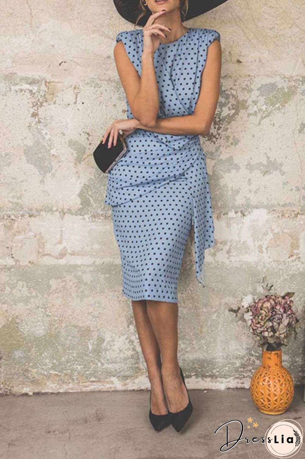 Sexy Polka Dot Pack Hip Sleeveless Midi Dress(4 Colors)