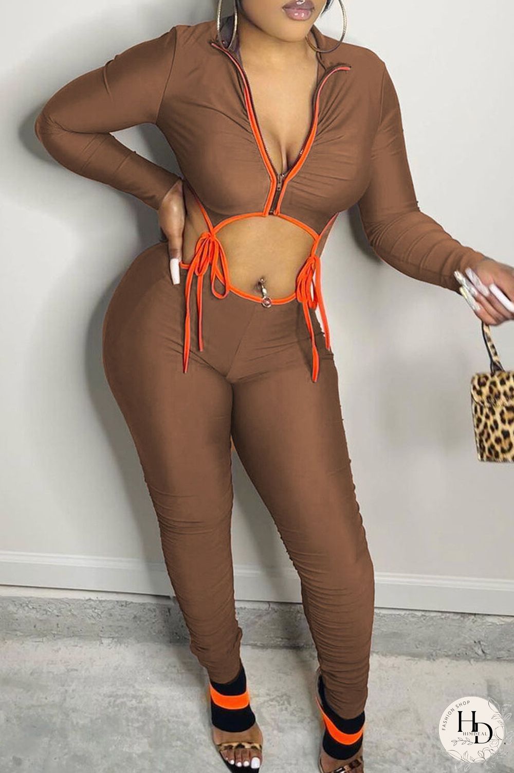 Brown Fashion Street Solid Split Joint Zipper Collar Long Sleeve Two Pieces