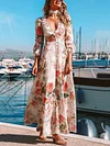 Floral Print Deep V-Neck Long Sleeve Empire Fashion Maxi Dress