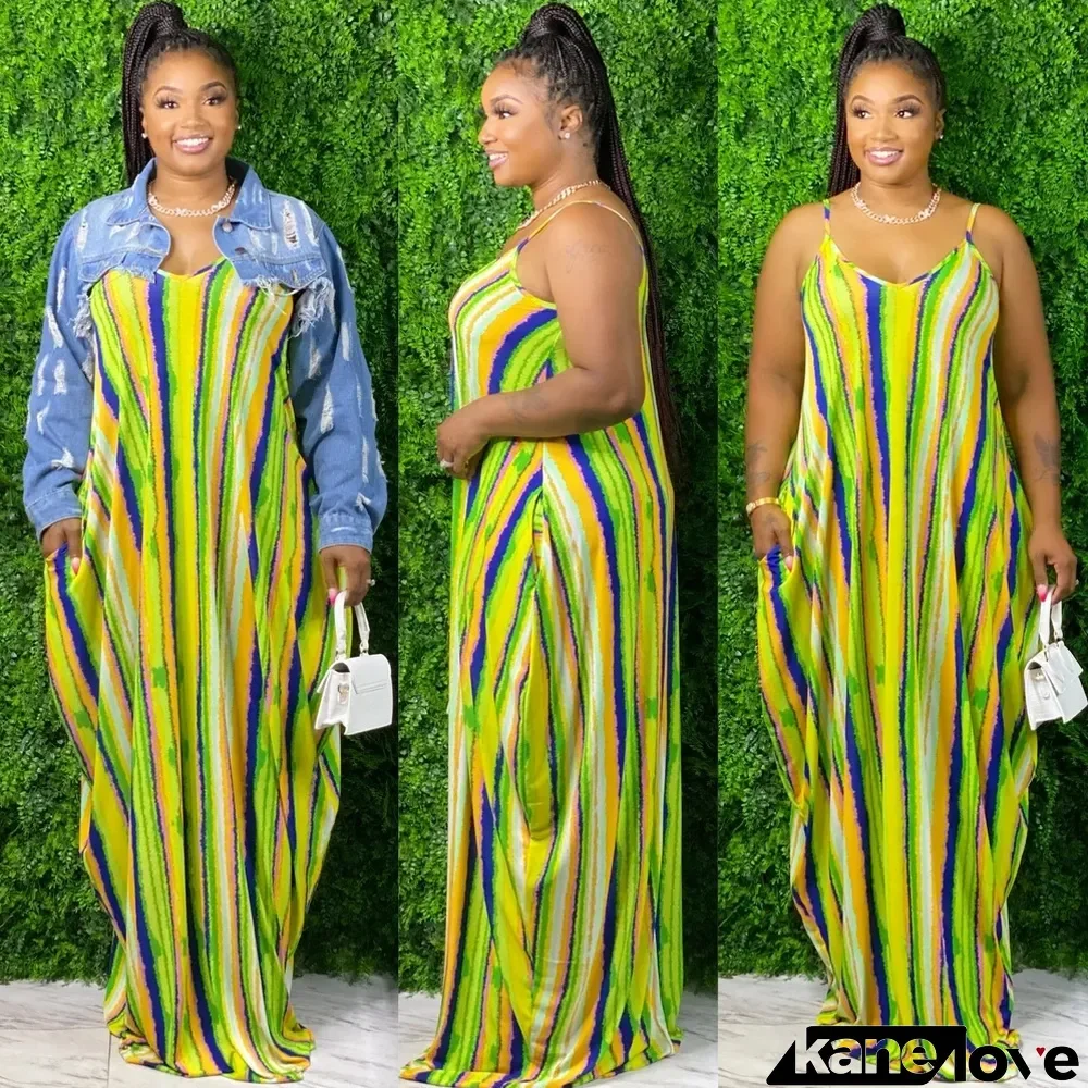 Colorful Striped V Neck Spaghetti Strap Loose Maxi Dress