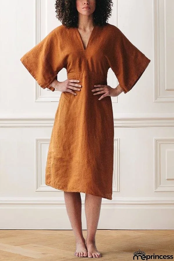 V Neck Slit Bat Sleeve Midi Dress