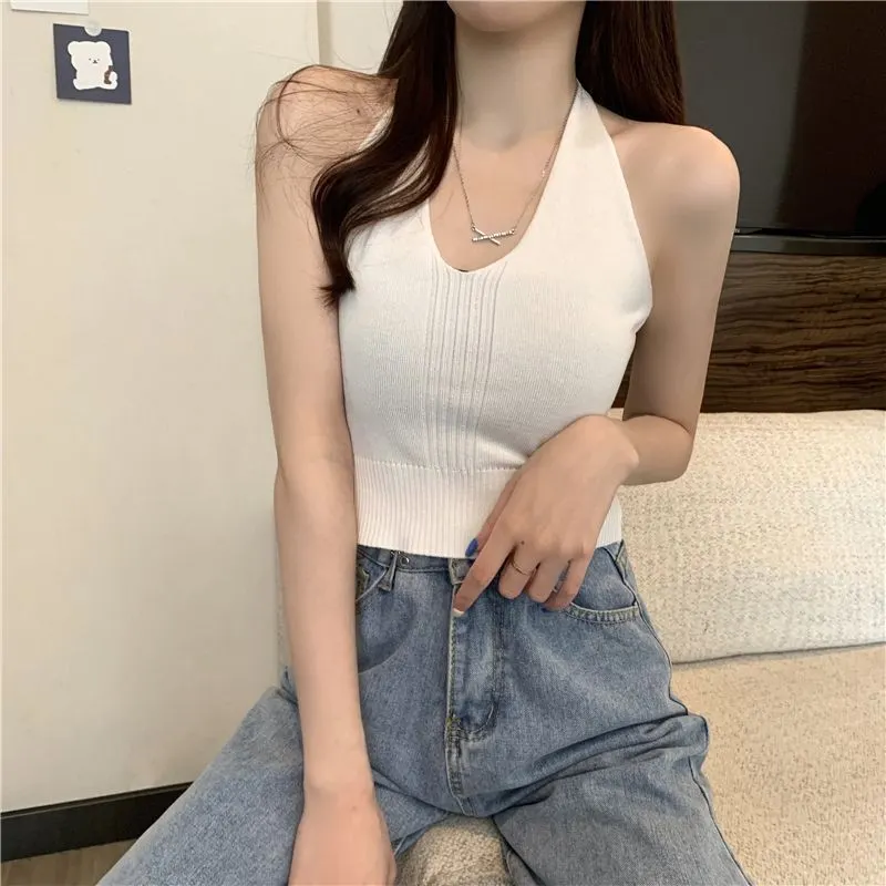 Uveng Uveng Club Bundy Sling Female Summer New Solid Color Hanging Neck Vest Hottie Style Sexy Short V Sleeveless Top