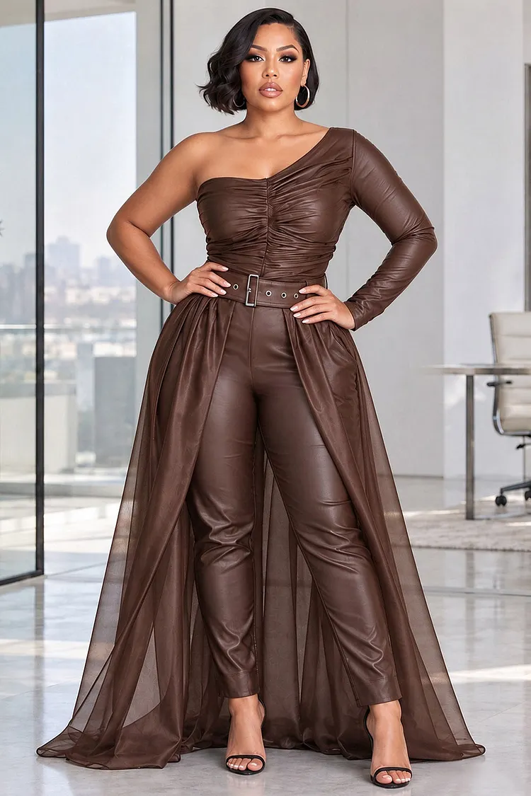Xpluswear Design Plus Size Party Tulle Brown Oblique Collar One Shoulder Long Sleeve Detachable Overskirt Fold PU Leather Jumpsuits [Pre-Order] 2024 - Xpluswear