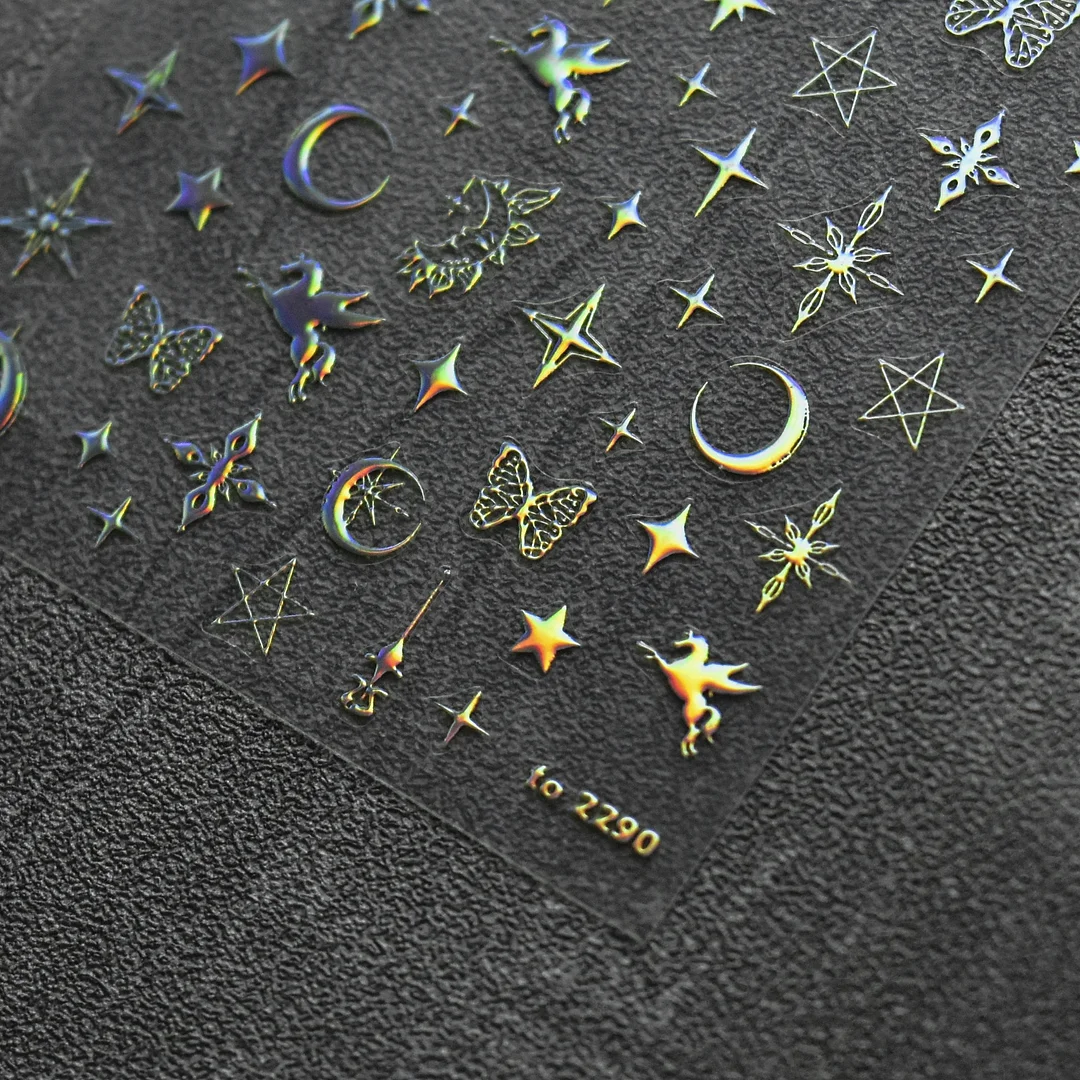 Applyw Laser Silver Unicorn Star Moon 5D Soft Embossed Reliefs Self Adhesive Nail Art Stickers Manicure Decals Wholesale