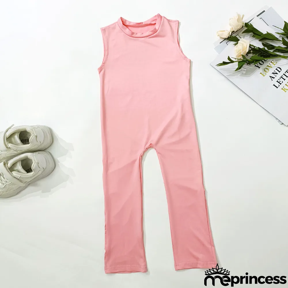 Kids Girls Fashion Sleeveless Solid Color Jumpsuit
