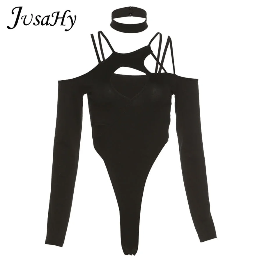 JuSaHy Y2K Solid Black Bodysuit for Women Fashion Sexy Hollow Out Chic Necklet Long Sleeves Bodycon Outfits Autumn Skinny Tops