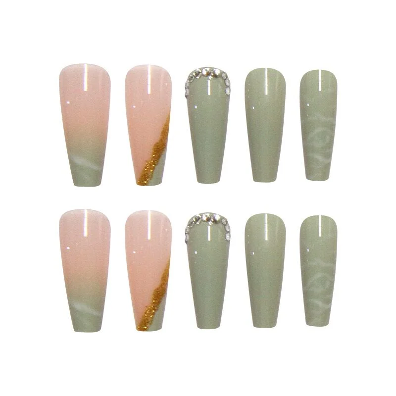 24pcs/Set French False Nails Extra Long Mixed Pink Green Rhinestone Coffin Shaped Fake Nails Beauty Manicure Tips Press On Nails-Nail Inspo