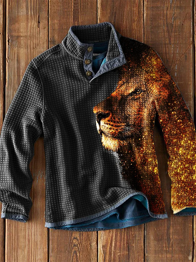 Waffle Collar Lion Print Long Sleeve Shirt