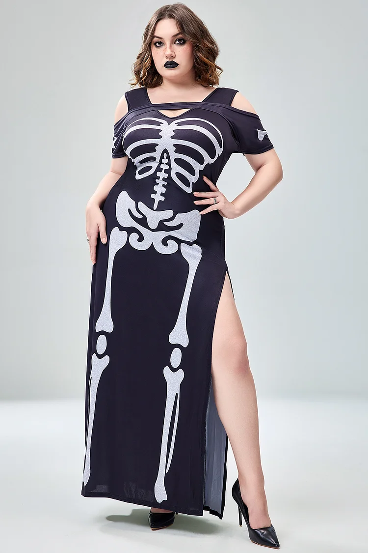 Xpluswear Design Plus Size Halloween Costume Gothic Black Skeleton Print Cold Shoulder Split Knitted Maxi Dress