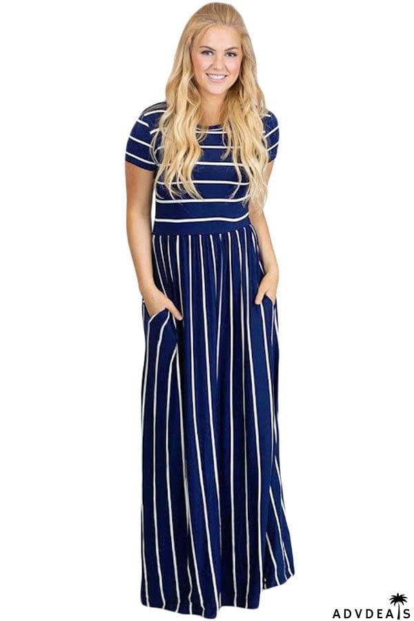 Striped Black Short Sleeve Maxi Dress