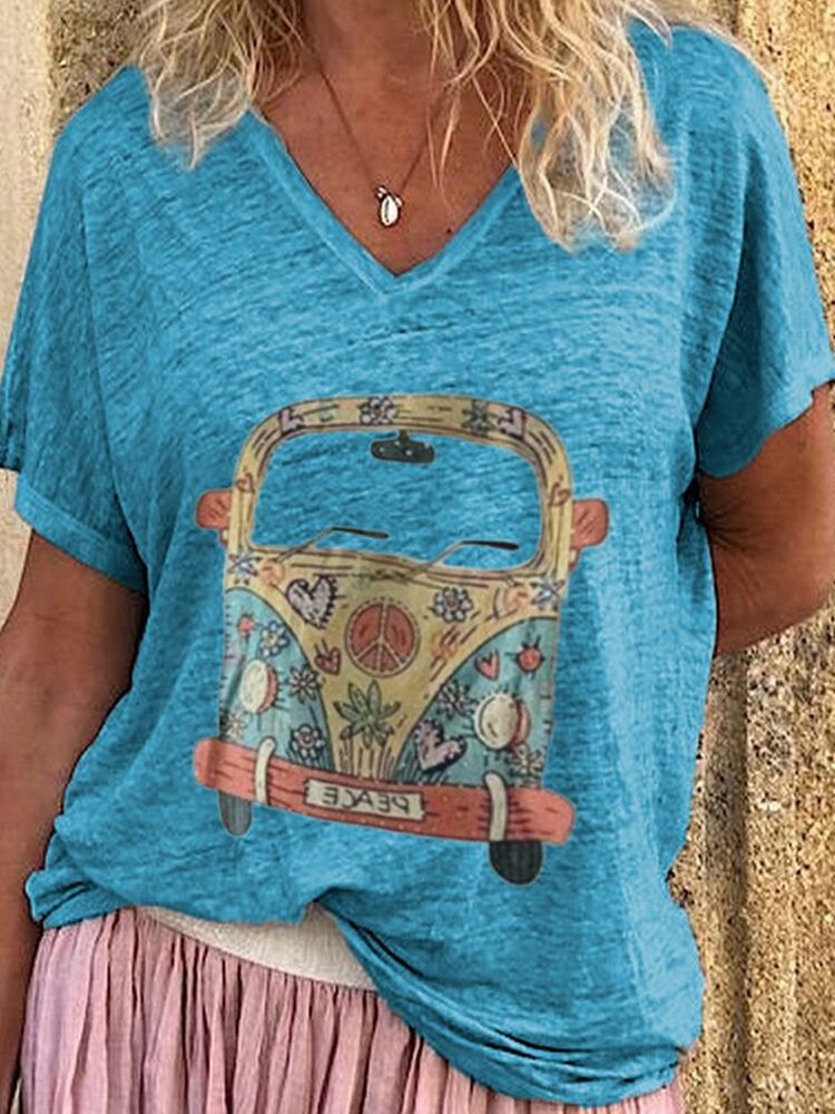 Casual Cartoon Bus Printed V neck Short Sleeve Summer T shirt P1652127