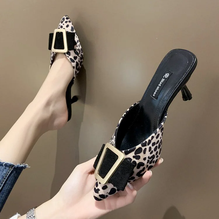 Wongn Wongn 2023 New Korean Version Of Leopard Print Metal Buckle Baotou Half-Length Sandals High Heels Women's Shoes