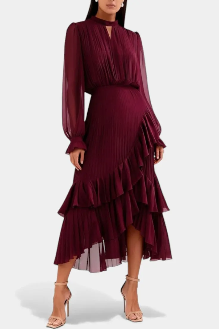 High Neck Pleated Midi Dress with Asymmetric Ruffles