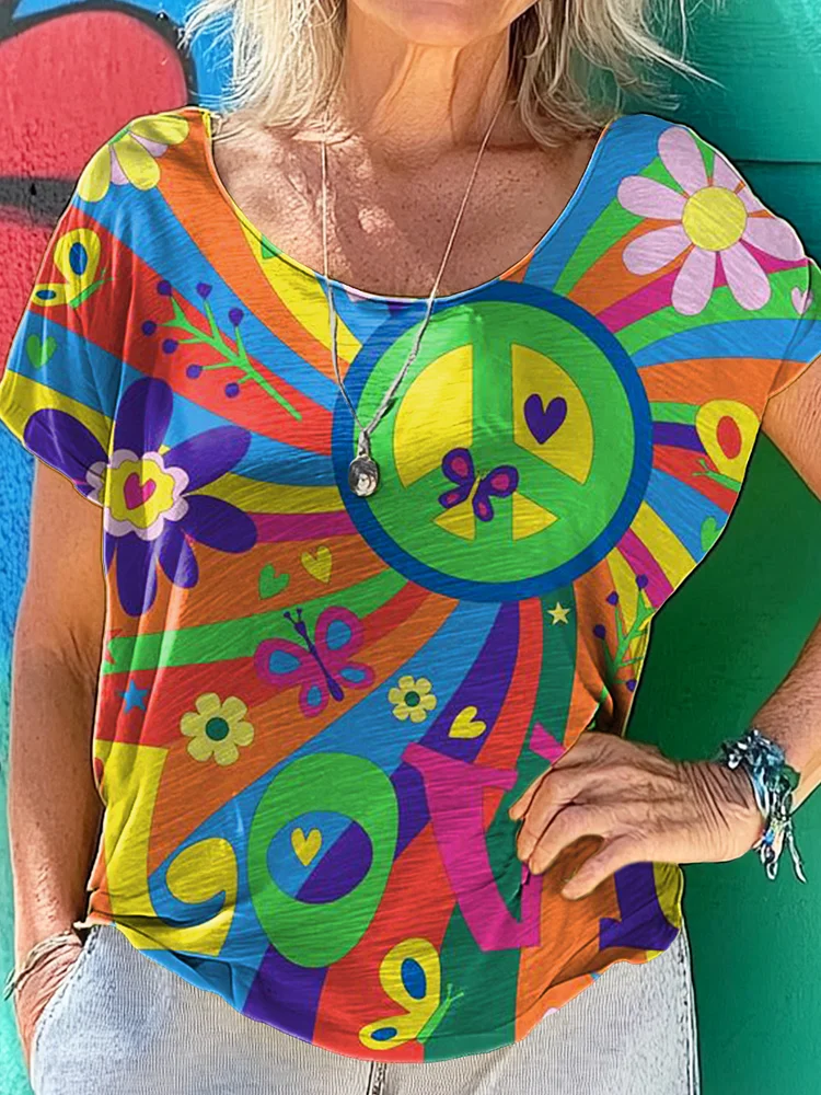 Hippie Art Print 100%Cotton Crew Tee T-Shirt