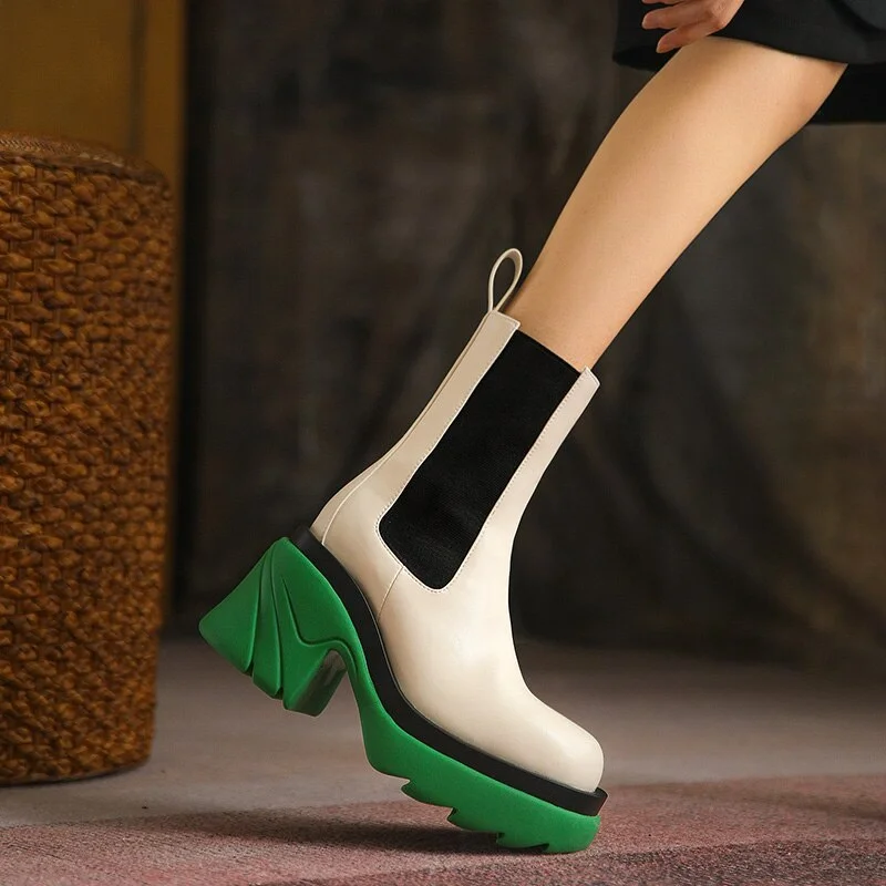 Street Trend High Heel Women BV Chelsea Boots Mixed-Color Slip-on Ladies Punk Ankle Boots Leisure PU Women Platform Shoes