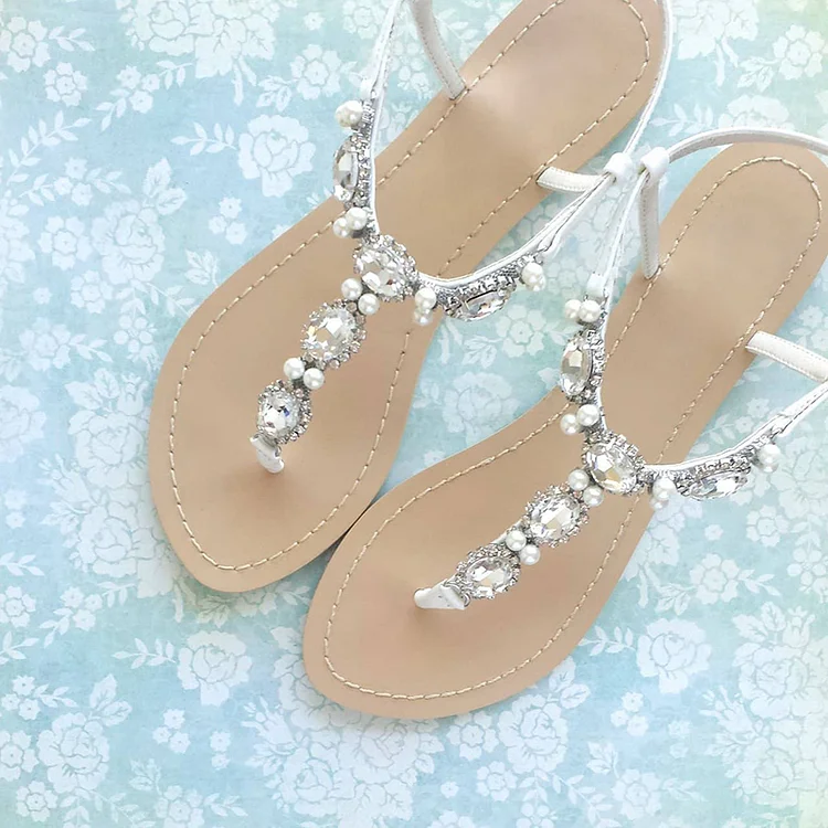 White Classic Pearl Flat Office Rhinestone Sandals Vdcoo