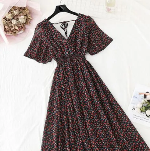 2020 Slim V Neck Summer Midi Long Dress Vestido Party Short sleeve Chiffon dress Women Casual Elegant print A-Line Vestidos
