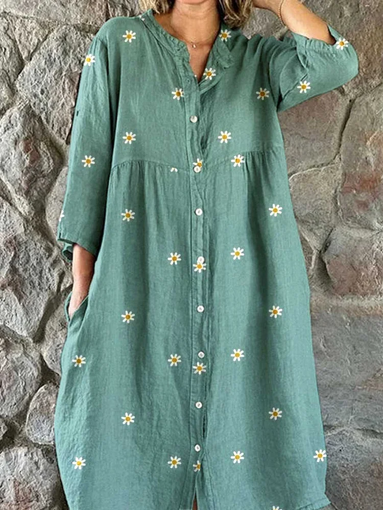 Womens Resort Art Daisy Floral  Pattern Cotton Shirt Dress