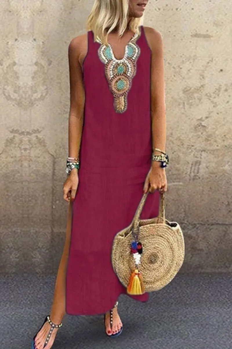 Casual Print Slit V Neck A Line Dresses(7 Colors)